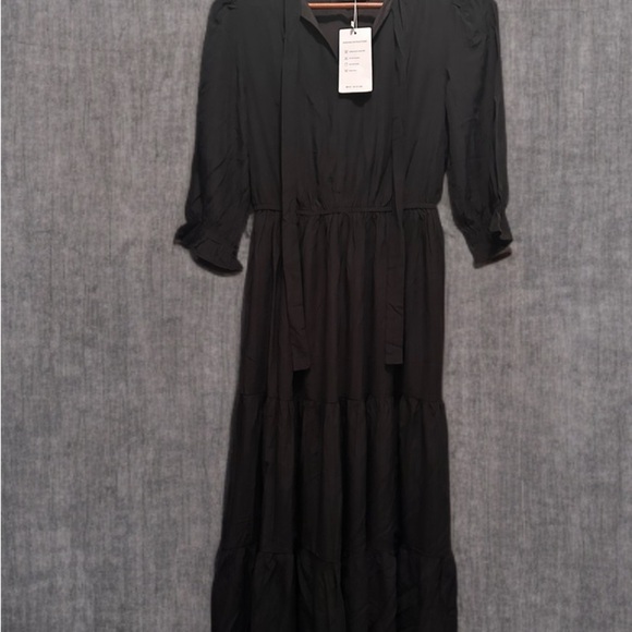 NWT Women's Casual Half Sleeve Tie V Neck Elastic High Neck Dress Black Size S - Picture 2 of 7